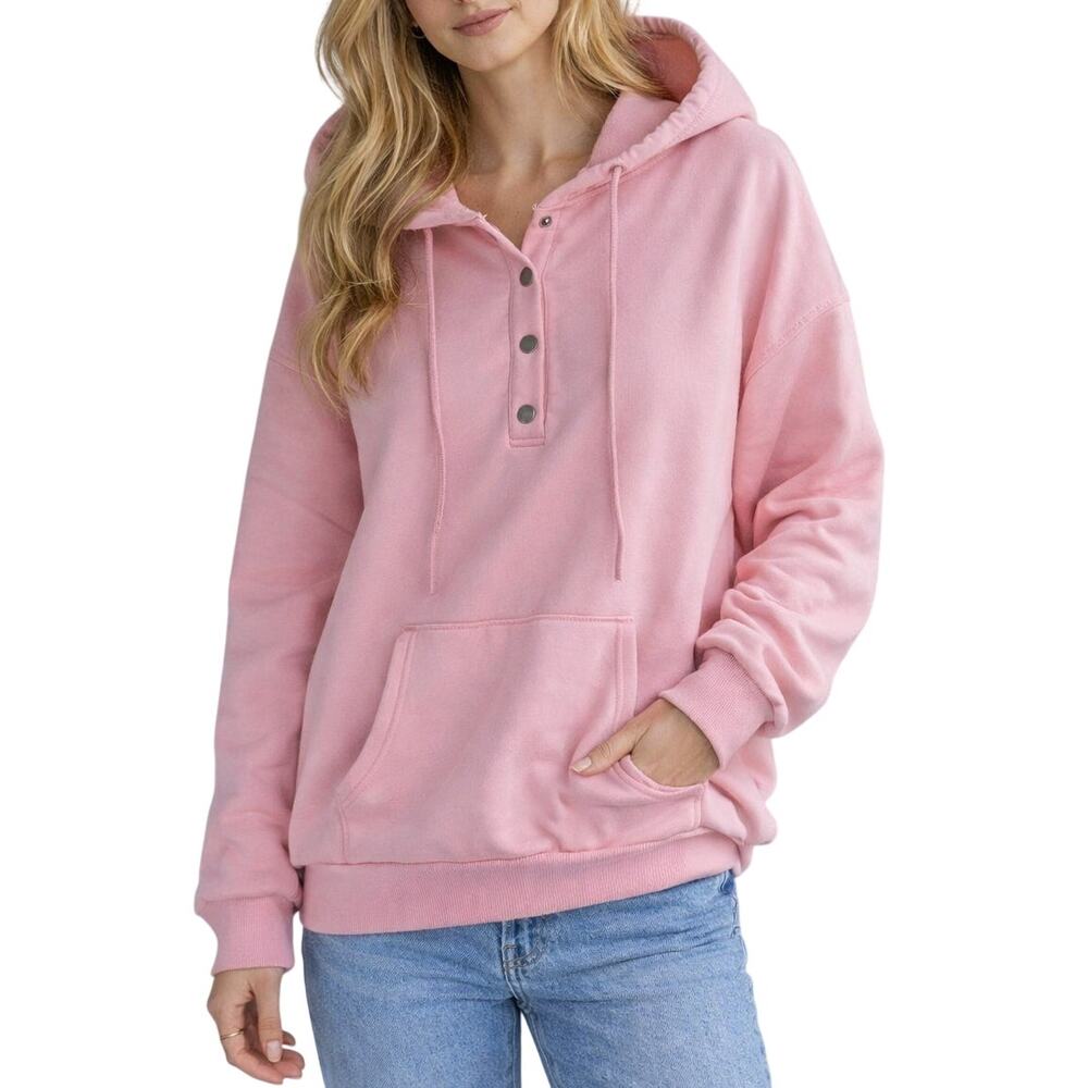 Moshu Quarter Snap Hoodie Sweatshirt Pullover Womens Small Oversized Peach Cozy